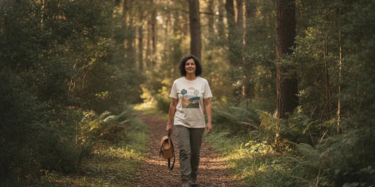 A shopper wearing a nature graphic tee on a wooded walking trail