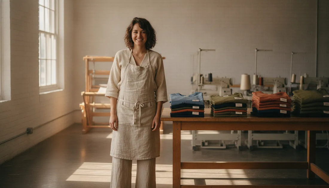 Founder in a textile studio with responsibly made apparel