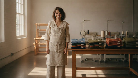 Founder in a textile studio with responsibly made apparel