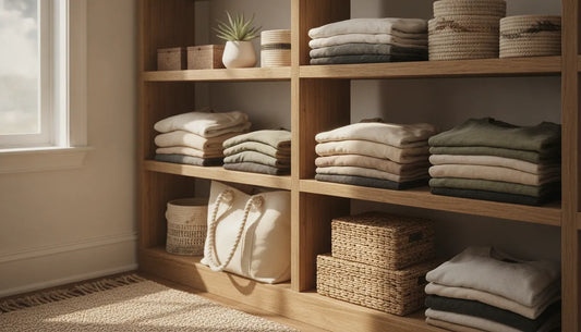 A thoughtfully arranged closet with neatly folded cotton t-shirts, a canvas tote bag, and a small plant on a shelf in warm natural light