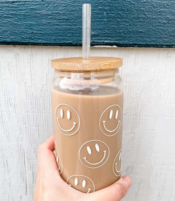 Good Day Happy Face Mason Jar Iced Coffee Cup Glass Coffee Cup