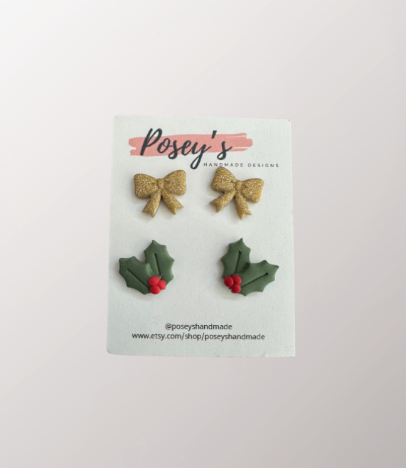 Posey's 2 Set Stud Pack Earrings- Bows & Holly